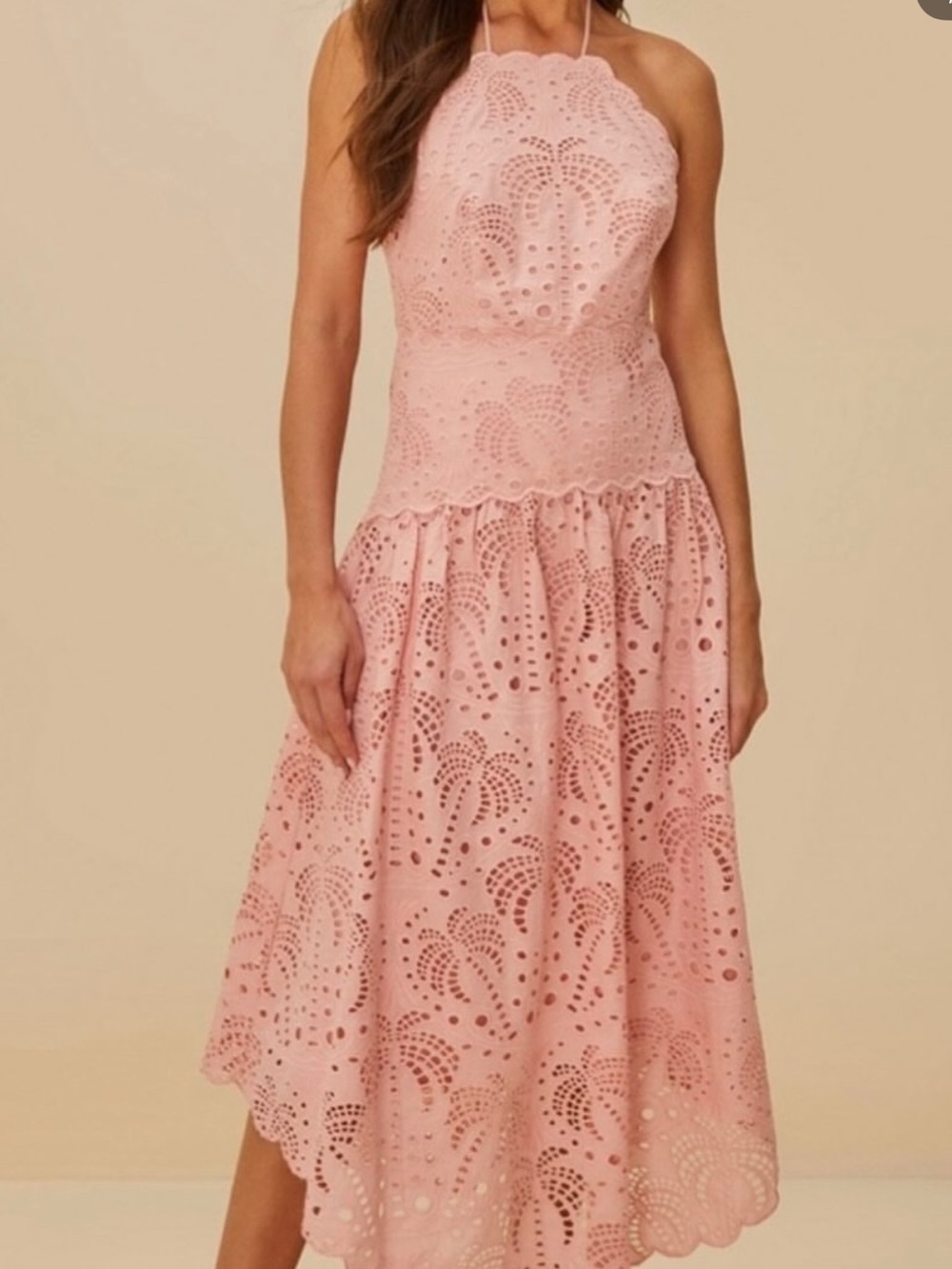 Farm Rio Blush Pink Palm Tree Eyelet Midi Dress